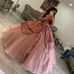 Rosa empoeirado quinceanera vestidos lantejoulas frisado renda applique mangas compridas espartilho volta tule personalizado doce princesa pageant vestido de baile vestidos