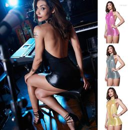 Bustiers & Corsets Women Glossy Soft Leather Jumpsuit Sexy Lingerie Female Bodysuit Erotic Elastic PVC Latex Catsuit Backless Swimsuit Leota