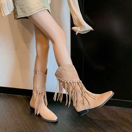 INS Network Red Wind~Mid Barrel Tassel Boots Square Headed Medium Heels Western Denim Boots Matte Leather Brown Short Boots Female 231026