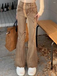 Women's Jeans Brown Streetwear Vintage Flare Women Korean Fashion Hight Waist Denim Pants Female Autumn Patchwork Elegant 2023