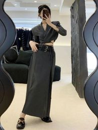 Two Piece Dress Insozkdg 2023 Spring Autumn Set Women French Design Strap Blazer High Waist Split Skirt Office Lady Lace-up