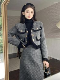 Two Piece Dress UNXX 2023 Autumn Winter Fringe Wool Minimalist Short Jacket Top Midi Long Skirt Fashion Matching Set Women Office Lady Girls