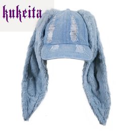 Ball Caps Harajuku Y2k Winter Warm Plush Bunny Ear Denim Baseball Hats For Women Men Unisex Streetwear Hip Hop Caps 231025