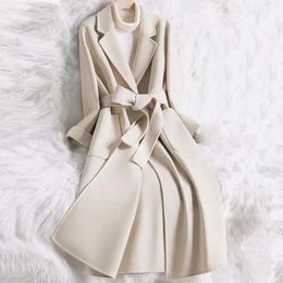 Women's Wool Blends Double Side Faux Cashmere Woollen Coat Lapel Long Sleeve Belt Trench Coat wome Long Jacket Single Button Outwear Korean Wool Coat 231025