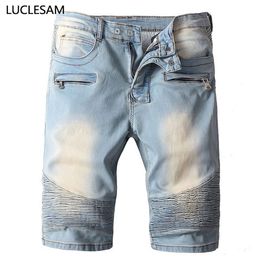 Streetwear Male Stretch Denim Shorts Knee Length Fold Straight Short Pants for Men Casual Slim Mens Jeans Vintage Biker Shorts223V