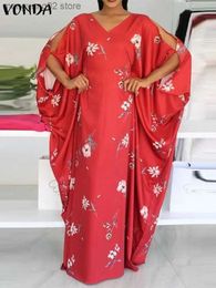 Basic Casual Dresses VONDA Bohemian Party Dress 2023 Women Vintage Slit Bat Sleeve Floral Printed Robe Sexy V Neck Casual Belted Pleated Maxi Dress T231026