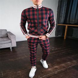 New Fashion Jackets Men Tracksuit Sets Mens set Colorful Plaid Men Casual Zipper Set Autumn Tracksuit Set Male Sweatshirt Pocket X201C