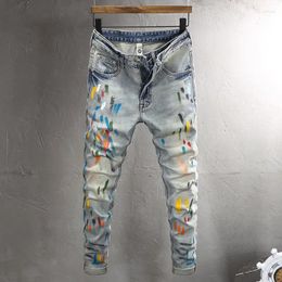 Men's Jeans Street Fashion Men Retro Washed Blue Elastic Stretch Slim Fit Ripped Painted Hip Hop Vintage Denim Pants Hombre