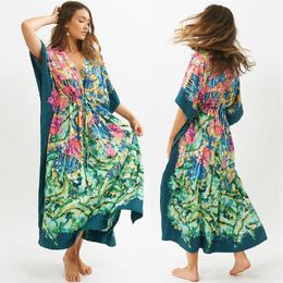 2021 Green Bohemian Printed Bats Sleeve High Waist Summer Beach Dress Cotton Tunic Women Beachwear Kaftan Maxi Dresses Q1087 F0122233Z