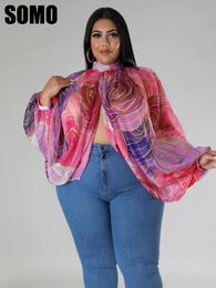 Women s Blouses Shirts SOMO Plus Size Fashion Round Neck Open Back Chiffon Lace Up Long Sleeve Gradient Print Top Wholesale Drop 231025