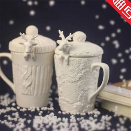 Mugs Christmas Milu Deer Coffee Cup 3D Animal Cups with Lid Cute Milk Snow Ceramic Mug Breakfast Xmas Gifts 231026