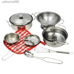 Kitchens Play Food 10Pcs/Set Kitchen Pretend Cooking Toy Cookware For Kids Stainless Steel Pots Pans CookingS UtensilsL231026