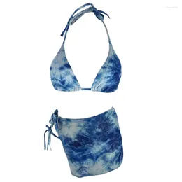 Women's Swimwear Women Tie Side Set With Beach-Wrap Skirt Tie-Dye High Leg 3Piece Swimsuit