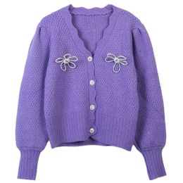 1019 2023 Runway Autumn Brand SAme Style Sweater Long Sleeve V Neck Purple Cardigan Fashion Clothes High Quality Womens mingmo