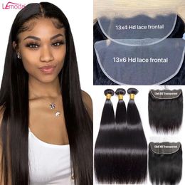 Synthetic Straight Bundles With 13x4 13x6 HD Transparent Lace Frontal Closure Only Brazilian Lemoda Hair Weave 231025