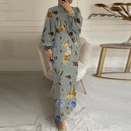 Ethnic Clothing Spring Floral Printed Muslim Women Dress Fashion Holiday Elegant Abaya Kaftan Tunic Sundress Modest For