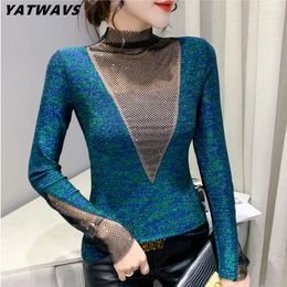 Women's T Shirts Fashion Autumn T-Shirt Clothes Sexy Hollow Out Stand Collar Patchwork Slim Tees Women Long Sleeve Shiny Diamonds Tops