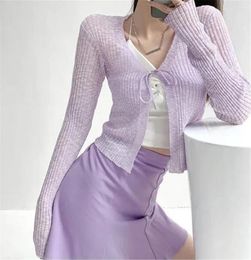 Women's Knits Summer Long Sleeve Thin Sunscreen Jacket Female See Through Cardigan Fashion V-neck Lace Up Knitted Cardigans Tops