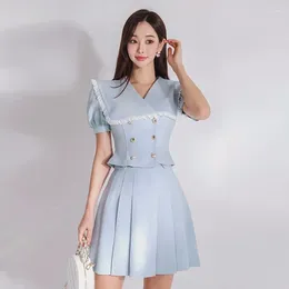 Women's Two Piece Pants 2023 Summer Sweet Blue Set For Women Lace Big Lapel Double-Breasted Short Tops Ladies Office Mini Pleated Skirt Suit