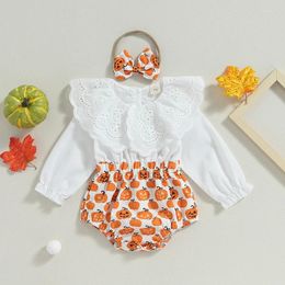 Rompers CitgeeAutumn Halloween Infant Baby Girls Outfit Long Sleeve Collar Pumpkin Print Patchwork Bodysuit Hairband Clothes