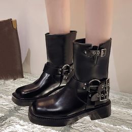 Boots Punk Style Buckle Strap MidCalf Women Black PU Leather Platform Western Woman Big Size Square Toe Thick Heels 231026