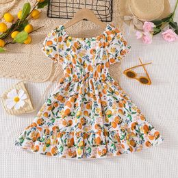 Girl Dresses 2023 Summer Arrival Girls Short Sleeve O Neck Print Fruit Orange Cute Roupa Infantil Menina Party Dress Custume 18M-7T