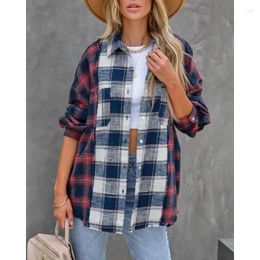 Women's Blouses Autumn Winter Women Vintage Wool Plaid Shirt Top Elegant Fashion Long Sleeve Button Pocket Loose Blouse T-shirt Coat Outwear