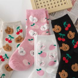 Women Socks Chic Girls' Cute Cartoon 3D Hairy Feather Yarn Bear Peach Cherry Soft Cotton Casual Preppy Style Dropship