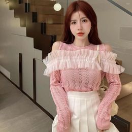 Women's T Shirts Long Sleeve Off Shoulder Knitted Sweater With Ruffles And Lace Autumn Vintage Hollow Out Tassel Top Kawaii Clothes