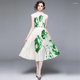 Work Dresses 2023 Fashion Summer Fold Two Piece Set Women Stand Collar Floral Print Elastic Tops High Waist Flower Pleated Long Skirt Suits