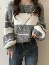 Women's Sweaters Harajuku Grey Striped Sweater Women Lazy Wind High Quality Knitted Jumpers Korean Vintage O Neck Long Sleeve Y2K Pullover
