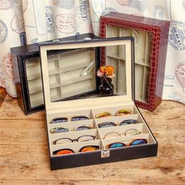 VIVIBEE 8 Storage Black PU Leather Sunglasses Tray Fashion Crocodile Brown Display Case Eyeglasses Carrying Box304F