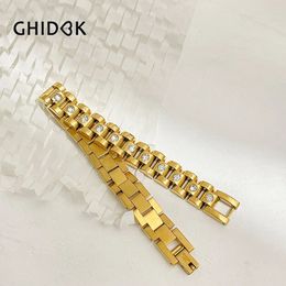 Bangle GHIDBK Waterproof 18cm Stainless Steel Rhinestones PVD Gold Plated Thick Chain Bangle Bracelets Fashion Jewellery Women Bijoux 231027