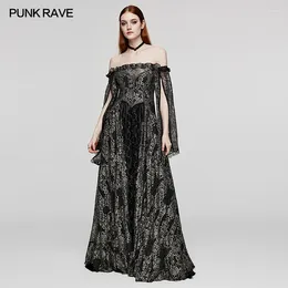 Casual Dresses PUNK RAVE Women's Gorgeous Gothic Exquisite Black Gold Pattern Hollow Mesh Long Dress Party Club Sexy Slash Neck Women