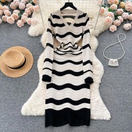 Casual Dresses Women's Elegant Stripe Twisted Neck Long Sleeve Body Dress Sexy Fashion Knitted Tank Top Elastic Slim Fit Hip Wrap Sweater