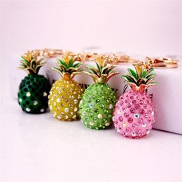 3d Pineapple Shape Key Chain Colorful Rhinestone Alloy Fruit Pendant Metal Lobster Clasp Keychain Fashion Car Key Ring Keyring 3pc314A