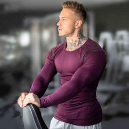 Men Skinny Long sleeves t shirt Gym Fitness Bodybuilding Elasticity Compression Quick dry Shirts Male Workout Tees Tops Clothing H2246