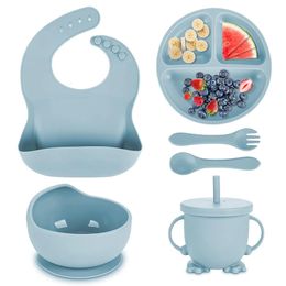 Cups Dishes Utensils Children's Set Baby Silicone Tableware 6PCS Sucker Bowl Bib Cup Fork Spoon Maternal and Infant Supplies BPA Free 231027