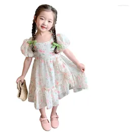 Girl Dresses Kid's Clothes 2023 Summer Girls Square Collar Puffed Sleeve Flower Printed Princess Mesh Dress