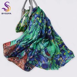 Scarves BYSIFA Blue Green Silk Scarf Shawl Women Fashion Brand 100% Pure Silk Long Scarves Autum Winter Warm Neck Head Scarf Hijab 231027