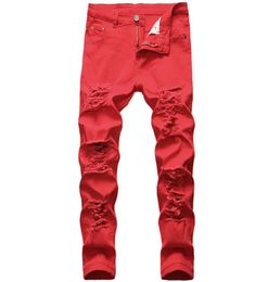 Mens Jeans Distressed Holes Skinny Jeans Full Length Straight Denim Pants Street Style Trousers