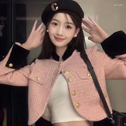 Women's Jackets Elegant Women Tweed Cropped Jacket Korean Fashion Long Sleeve Woolen Coat All-Match Button Patchwork Casual Outwear Top