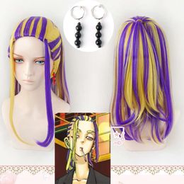 Catsuit Costumes Wakasa Imaushi Anime Tokyo Revengers Senju Cosplay Waka Golden Purple Highlights Hair Earrings Heat Resistant + Wig Cap