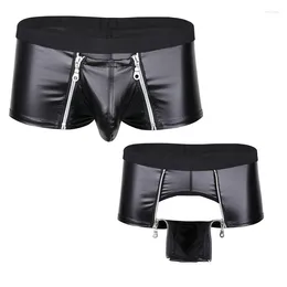 Underpants Mens Latex Leather Front Zipper Tight Shorts Wetlook Clubwear Boxer Briefs Night Club Pole Dance Wear Bulge Pouch Swimwear Trunk