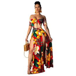 Printed Summer Beach Maxi Dress Strapless Off Shoulder Sexy High Slit Sundress Womens Robe Hollow Out Long Dresses257T