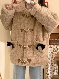 Women's Jackets Kawaii Plush Coat Women Korean Fashion Preppy Style Warm Jacket Female Winter Sweet Casual Bow Horn Button Outerwear Ladies 231026