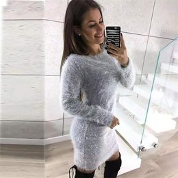 Casual Dresses CINESSD Women Plush Bodycon Dress Round Neck Long Sleeve Grey Autumn Winter Sheath Office Lady Solid Midi Pullovers222G