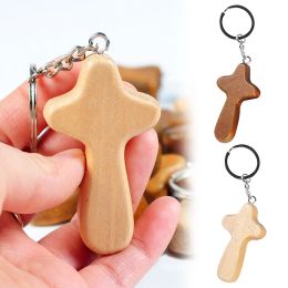 Creative Cross Pendant Keychain Wooden Crafts Car Keyring Backpack Hanging Ornament Key Holder for Prayer Christian Jewelry Gift