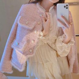 Women's Jackets Fashion Korean Chic Vintage Tweed Woolen Jacket Coat Women Autumn Single Breasted Plaid Tassel Office Lady Outwear Pink