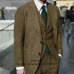 Men's Suits Men's Winter Wool Tweed Plaid Mens 3 Piece Jacket Vest Pants Set Groom Wedding Peaked Lapel Tuxedo Business Houndstooth